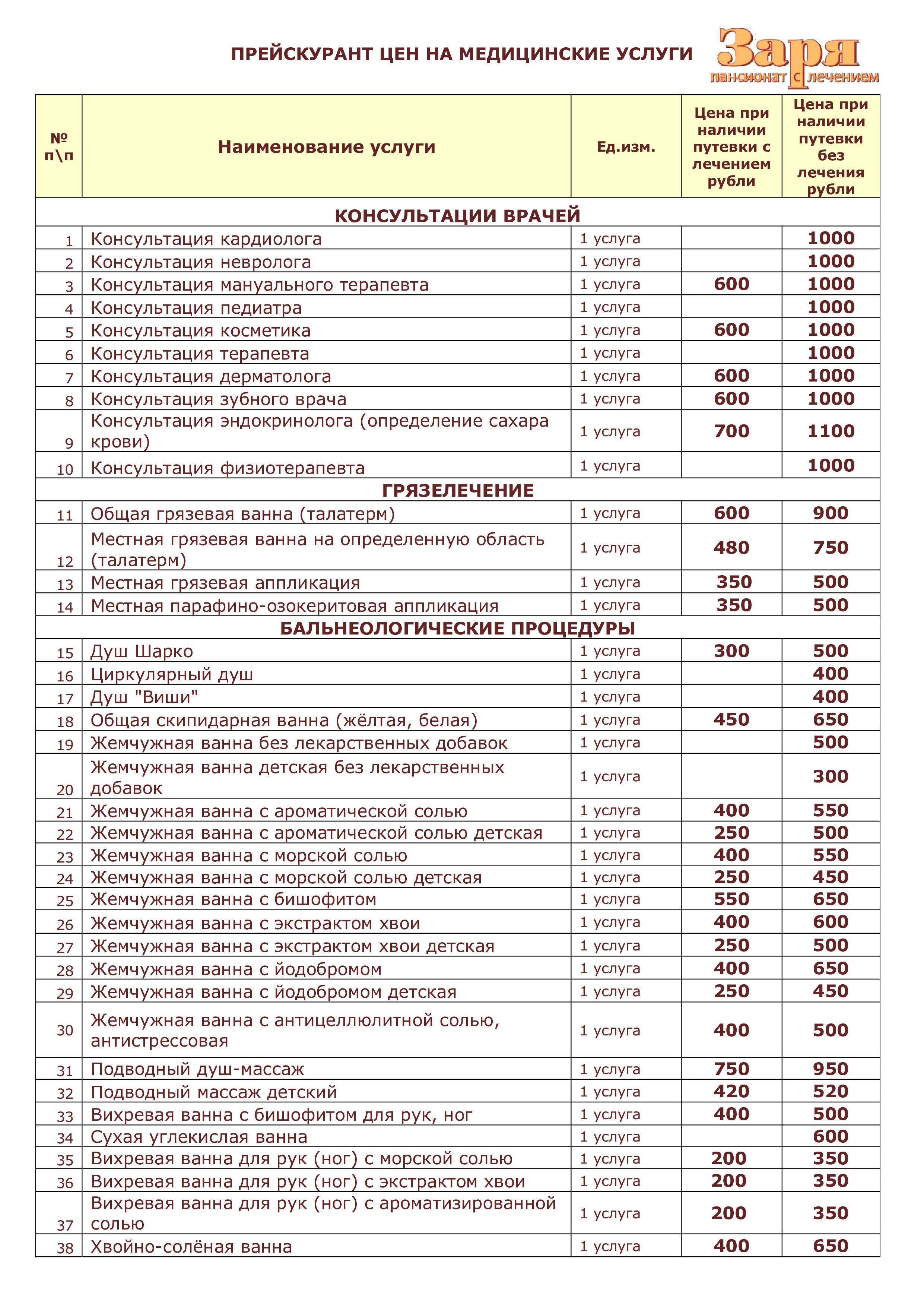 Прейскурант цен санаторий
